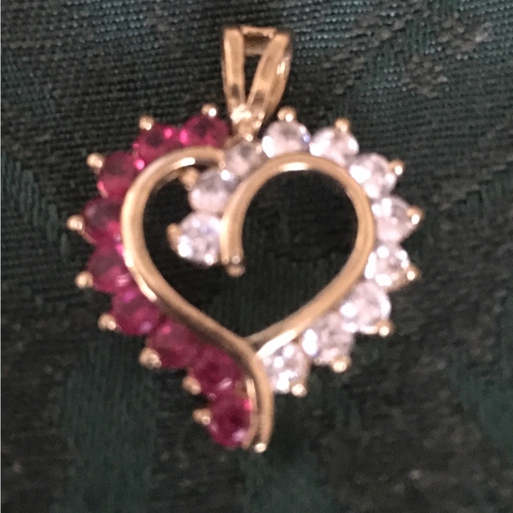 Gold Heart Pendant with Red and White Stones